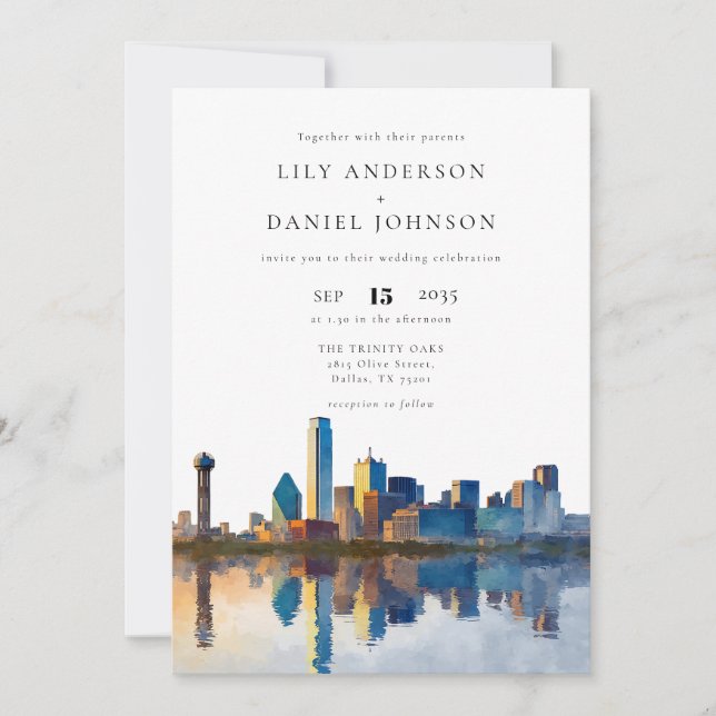 Convites Dallas Skyline Watercolor QR Code Wedding (Frente)