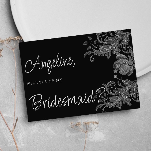 Convites Dama de honra em renda floral preta e branca elega (Elegant black and white floral lace Bridesmaid )