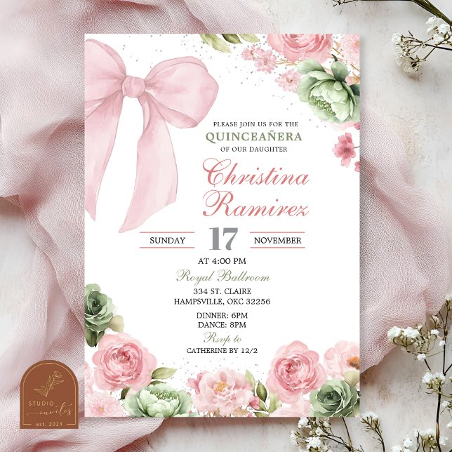 Convites Dama de Honra em Rosa Sage Floral Quinceanera (Criador carregado)