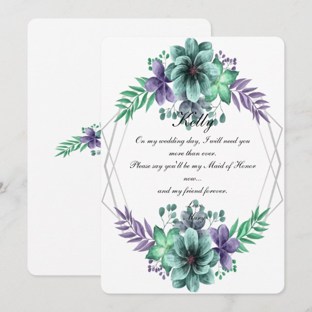 Convites Dama de Honra Floral em Aquarela Verde e Roxa (Frente/Verso)