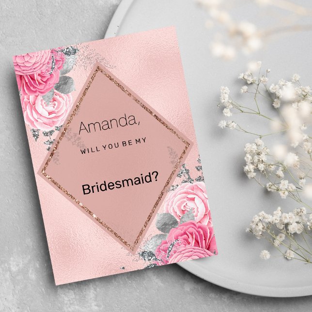 Convites Dama de honra rosa prata brilho peônia floral (Blush pink silver glitter peony floral Bridesmaid)