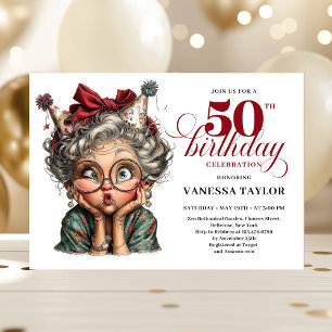 Convites Dama Divertida e Alegre Aniversário de 50 Anos Car