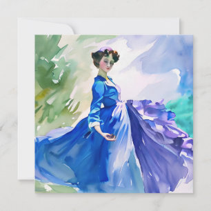 Convites Dama em Vestido Azul - Pintura em Aquarela