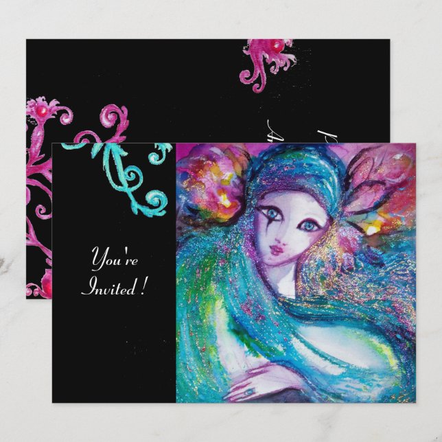 Convites DAMA MÁSCARA AZUL Festa de Mascarados,Redemoinhos  (Frente/Verso)