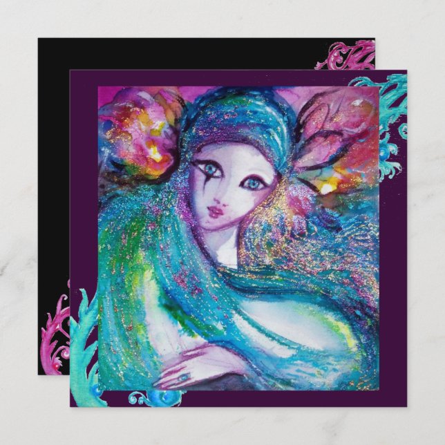 Convites DAMA MÁSCARA AZUL Festa de Mascarados, Verde-azula (Frente/Verso)