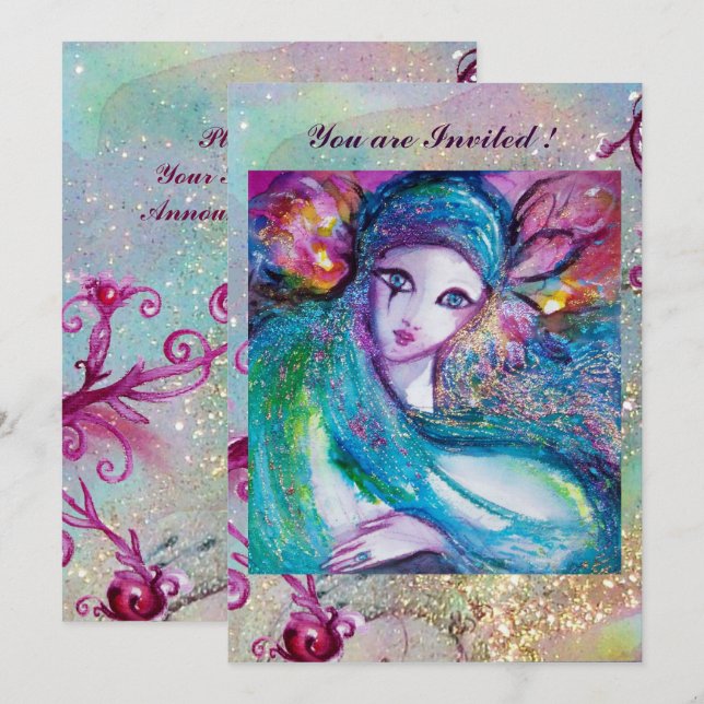 Convites DAMA MÁSCARA AZUL Festa de Máscaras Elegante Azul  (Frente/Verso)