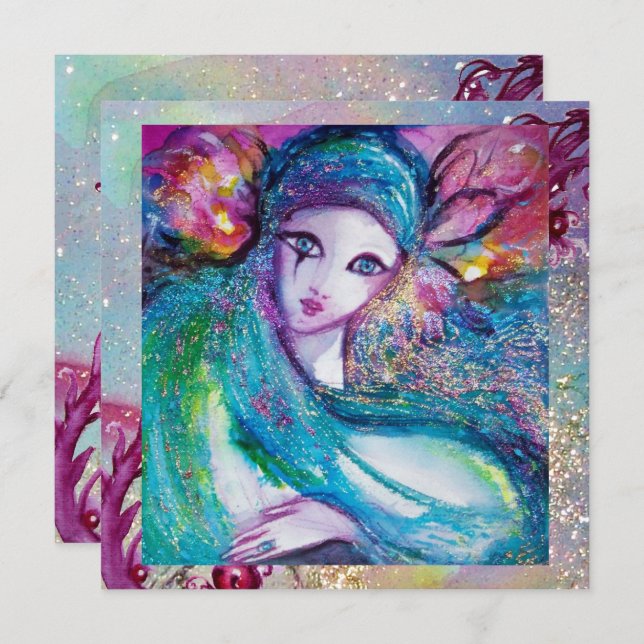 Convites DAMA MÁSCARA AZUL Festa de Máscaras Florais Brilho (Frente/Verso)