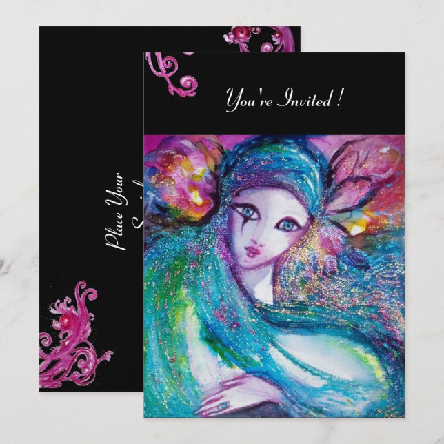 Convites DAMA MÁSCARA AZUL Festa de Máscaras Redemoinhos Ve (Frente/Verso)