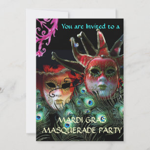 CONVITES DAMA VERMELHA E MÁSCARA DE BOBO COM PENAS DE PAVÃO