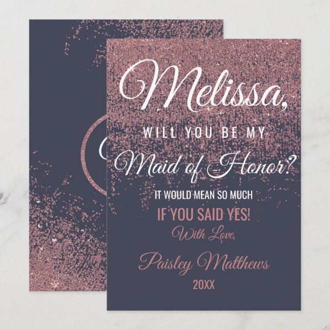 Convites Damas de honra em azul marinho com brilho em rosa  (Frente/Verso)