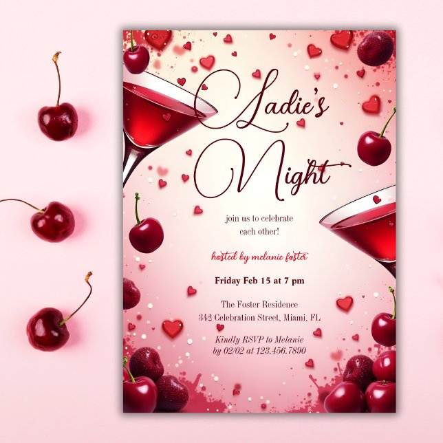 Convites Damas Noite, Cereja e Cocktail Galentine (Ladies Night Cherry & Cocktail Galentine's Invitation)