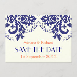 Convites Damasceno azul marinho, coral casamento Save the D