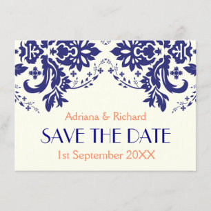 Convites Damasceno azul marinho, coral casamento Save the D