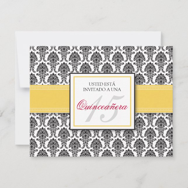 Convites Damasco amarelo ESPANHOL Quinceañera Invitación (Frente)