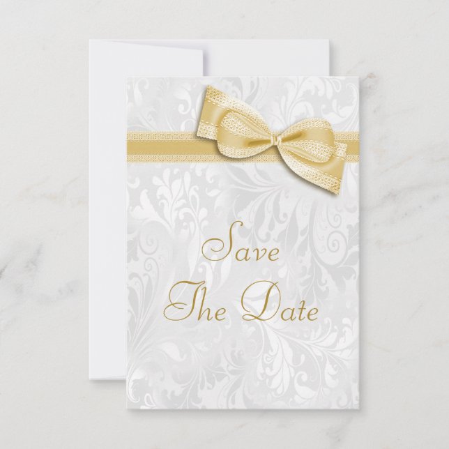 Convites Damasco Branco e Laço Falso Save The Date (Frente)