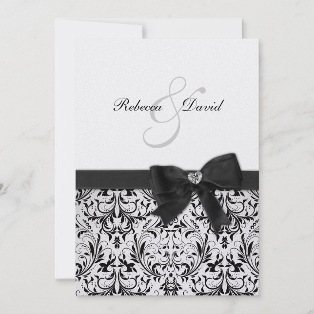 Convites Damasco branco e preto elegante com arco de diaman (Frente)