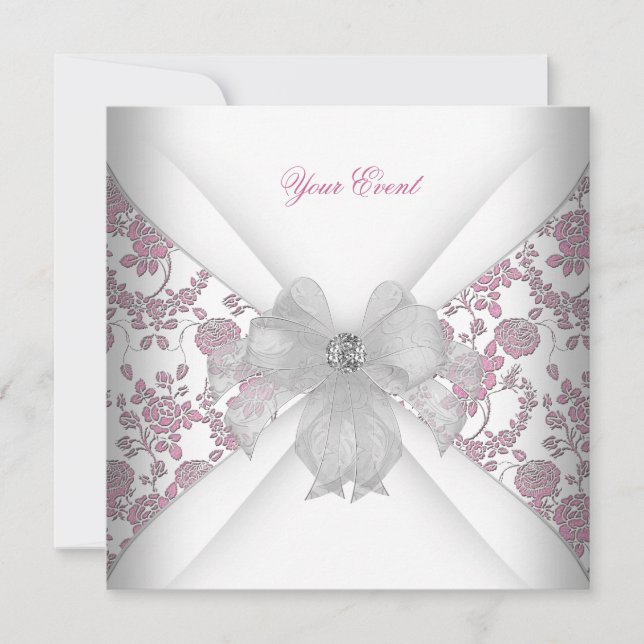 Convites Damasco Branco Rosa Floral Jóia Arco Festa (Frente)