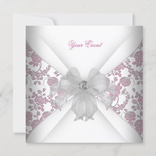 Convites Damasco Branco Rosa Floral Jóia Arco Festa