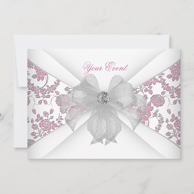 Convites Damasco Branco Rosa Floral Jóia Arco Festa (Frente)
