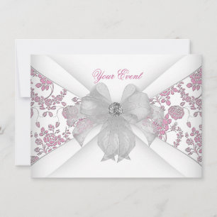 Convites Damasco Branco Rosa Floral Jóia Arco Festa
