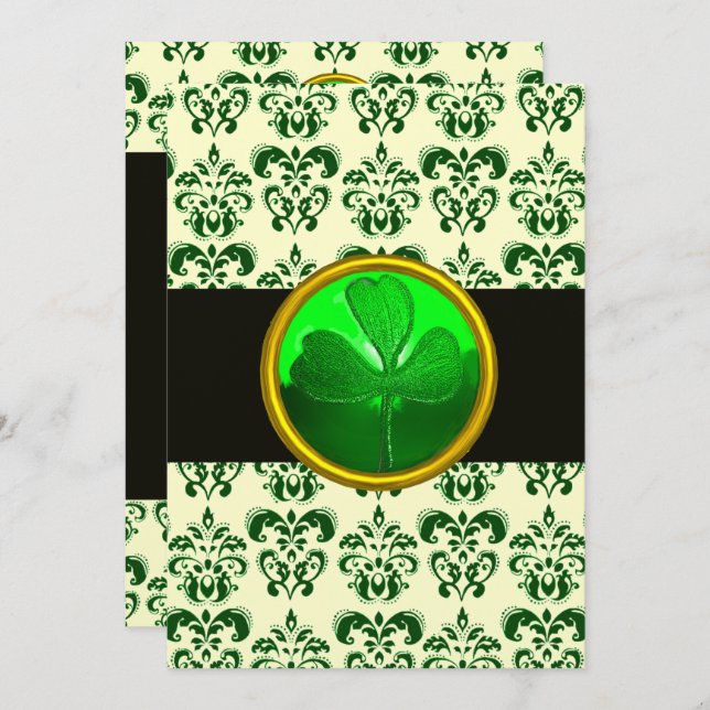 Convites DAMASCO BRANCO VERDE COM TREVO Preto Prata (Frente/Verso)