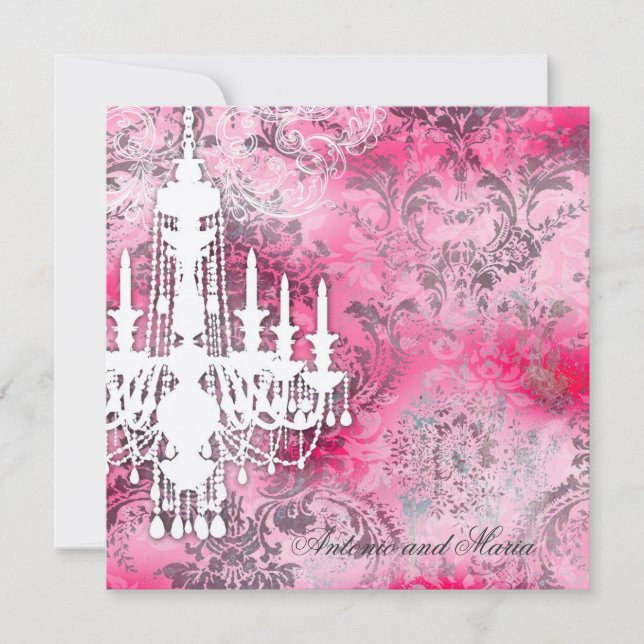 Convites Damasco cinzento Champagne M do rosa do candelabro (Frente)
