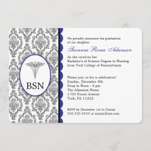Convites Damasco customizável do azul da graduação BSN R