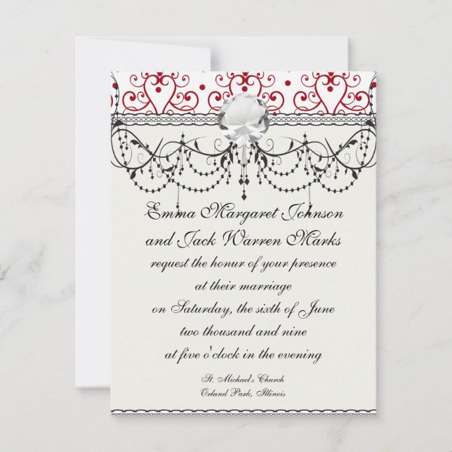 Convites Damasco de coração branco-vermelho (Frente)