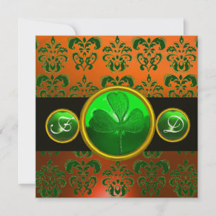 CONVITES DAMASCO DE LARANJA VERDE , MONOGRAMA DE TREVO DE Q