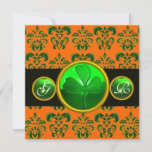 CONVITES DAMASCO DE LARANJA VERDE , MONOGRAMA DE TREVO DE Q (Frente)