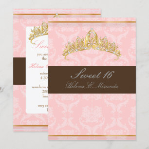 CONVITES DAMASCO DOCE 16/TIARA/ROSA/CHOCOLATE