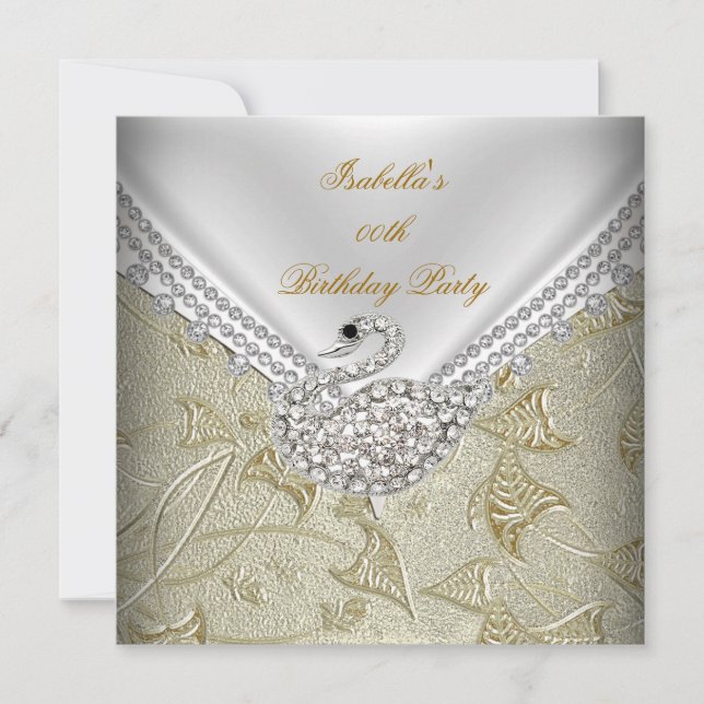 Convites Damasco Dourado Cisne Branco Festa de Aniversário  (Frente)
