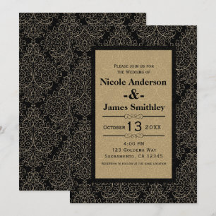 Convites Damasco Dourado e Preto Art Déco Glamour Chic Casa