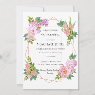 Convites Damasco Dourado Floral Geométrico Quinceanera