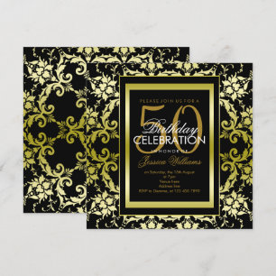 Convites Damasco Dourado Glamouroso Aniversário de 50 anos