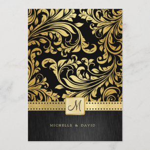 Convites Damasco floral preto e Dourado elegante