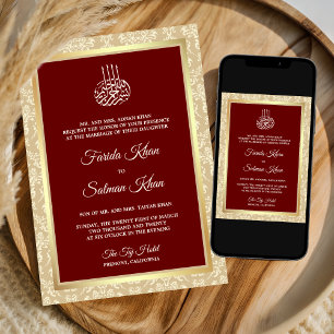 Convites Damasco Islâmico Vermelho Creme Casamento Muçulman