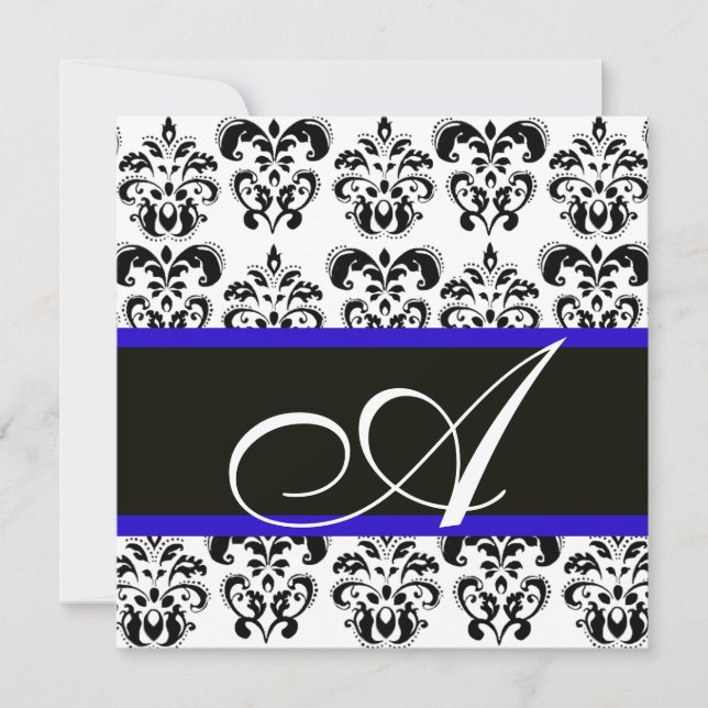 CONVITES DAMASCO MONOGRAMA PRETO, AZUL E BRANCO (Frente)