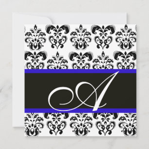 CONVITES DAMASCO MONOGRAMA PRETO, AZUL E BRANCO