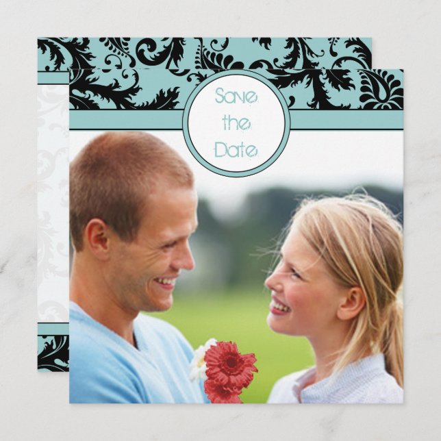 Convites Damasco Negro no Casamento de Aqua Guarde a Data (Frente/Verso)