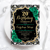 Damasco Negro Rosas verdes Dourados 20 Aniversário
