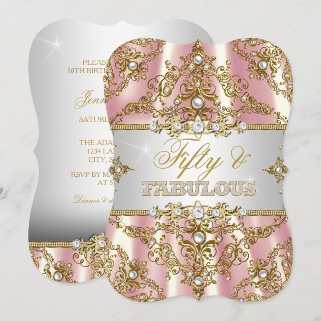 Convites Damasco Pérola Rosa Dourado Cinquenta e Fabuloso (Frente/Verso)