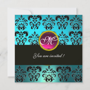 Convites DAMASCO PRETO AZUL MONOGRAMA, ametista rosa turque