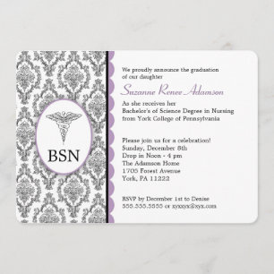 Convites Damasco preto da lavanda da graduação BSN RN da