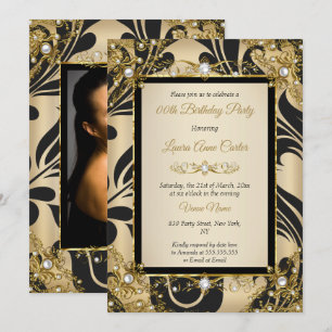 Convites Damasco Preto Dourado Bege Foto Festa de Aniversár