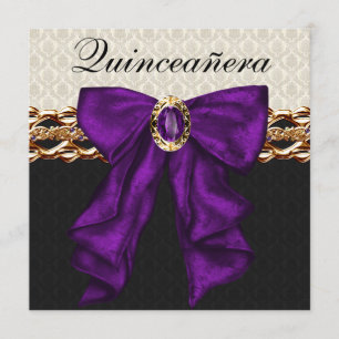 Convites Damasco Preto Dourado Roxo Quinceanera
