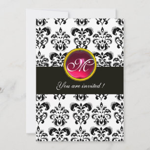 Convites DAMASCO PRETO E BRANCO MONOGRAMA, rubi vermelho, f