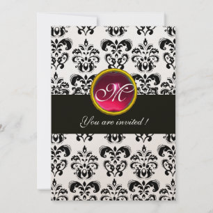 Convites DAMASCO PRETO E DOURADO COM MONOGRAMA, rubi vermel