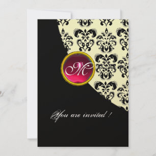 Convites DAMASCO PRETO E DOURADO MONOGRAMA, rubi vermelho, 