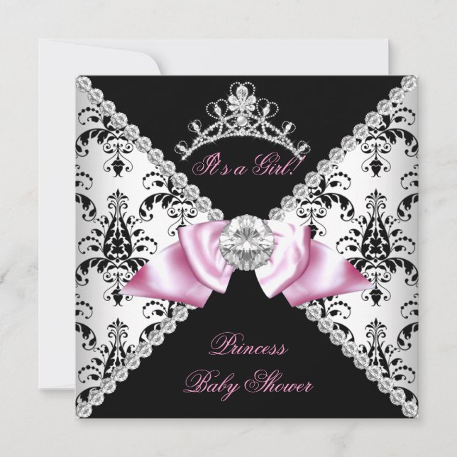 Convites Damasco Preto Laço Rosa Princesa Chuveiro de Bebê  (Frente)